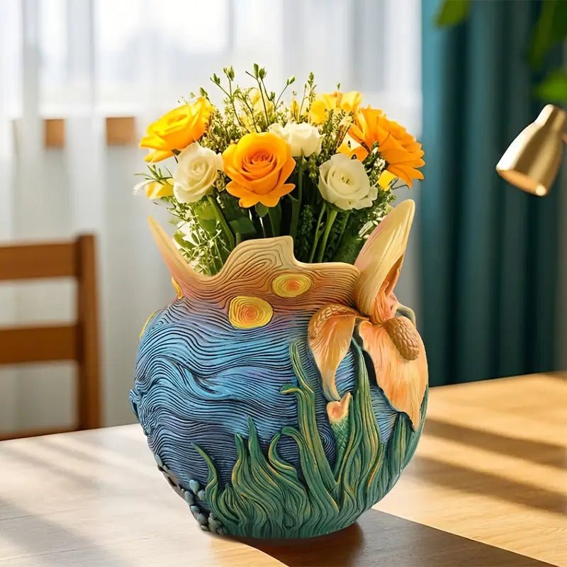 Decorative Round Flower Vase with Artwork Design - Vase - Orange - Oaksoho