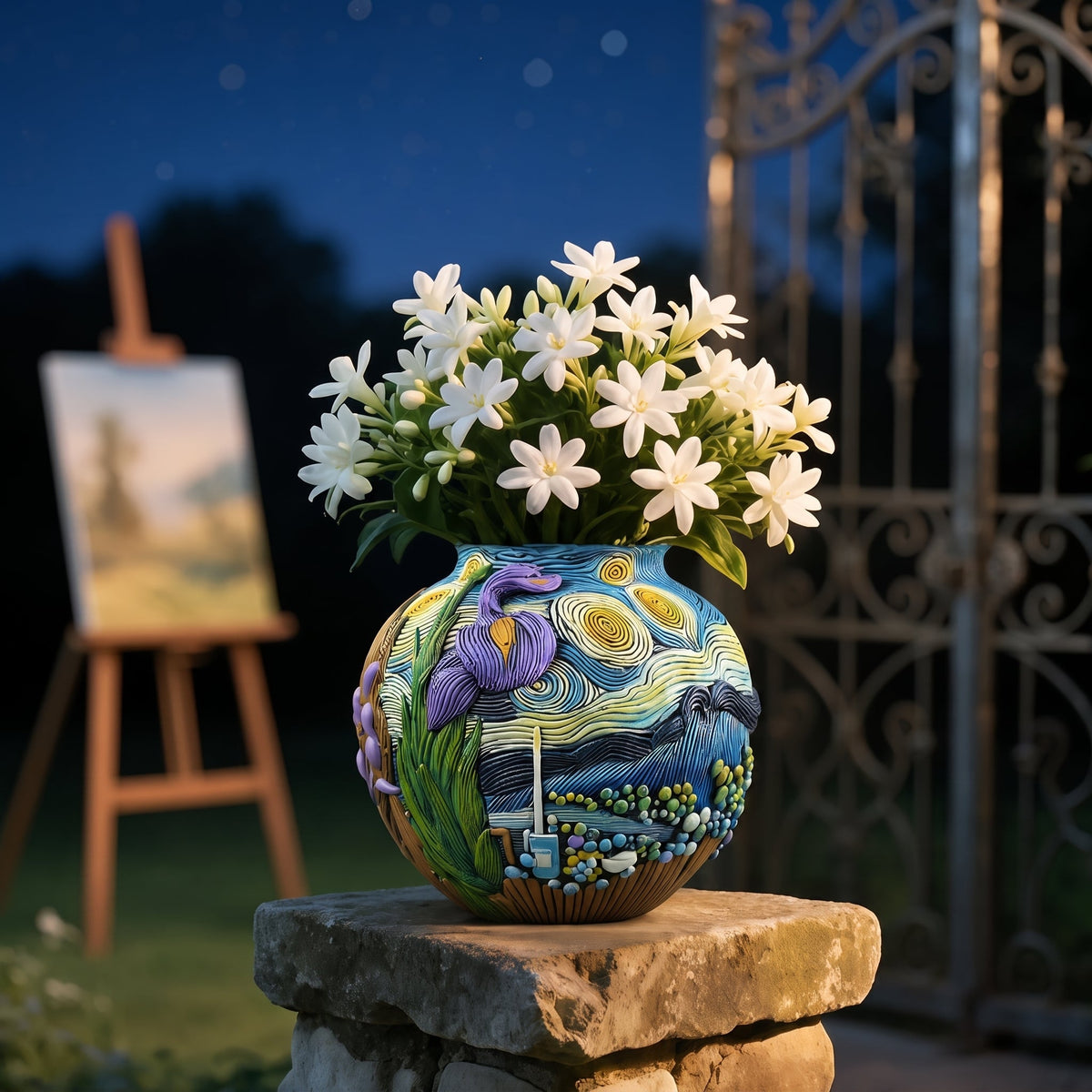 Decorative Round Flower Vase with Artwork Design - Vases - Blue - Oaksoho