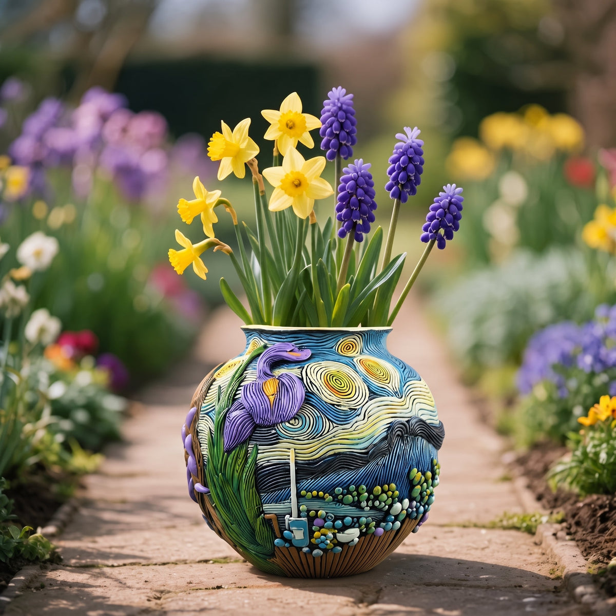 Decorative Round Flower Vase with Artwork Design - Vases - Blue - Oaksoho