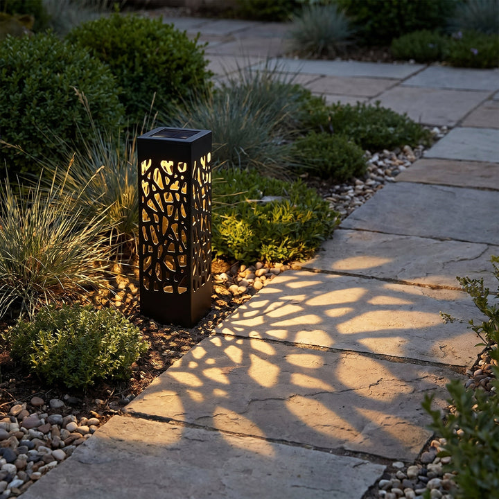 Decorative Solar Garden Lantern with Mosaic Hollow Pattern - Solar Garden Light - Warm White - Oaksoho
