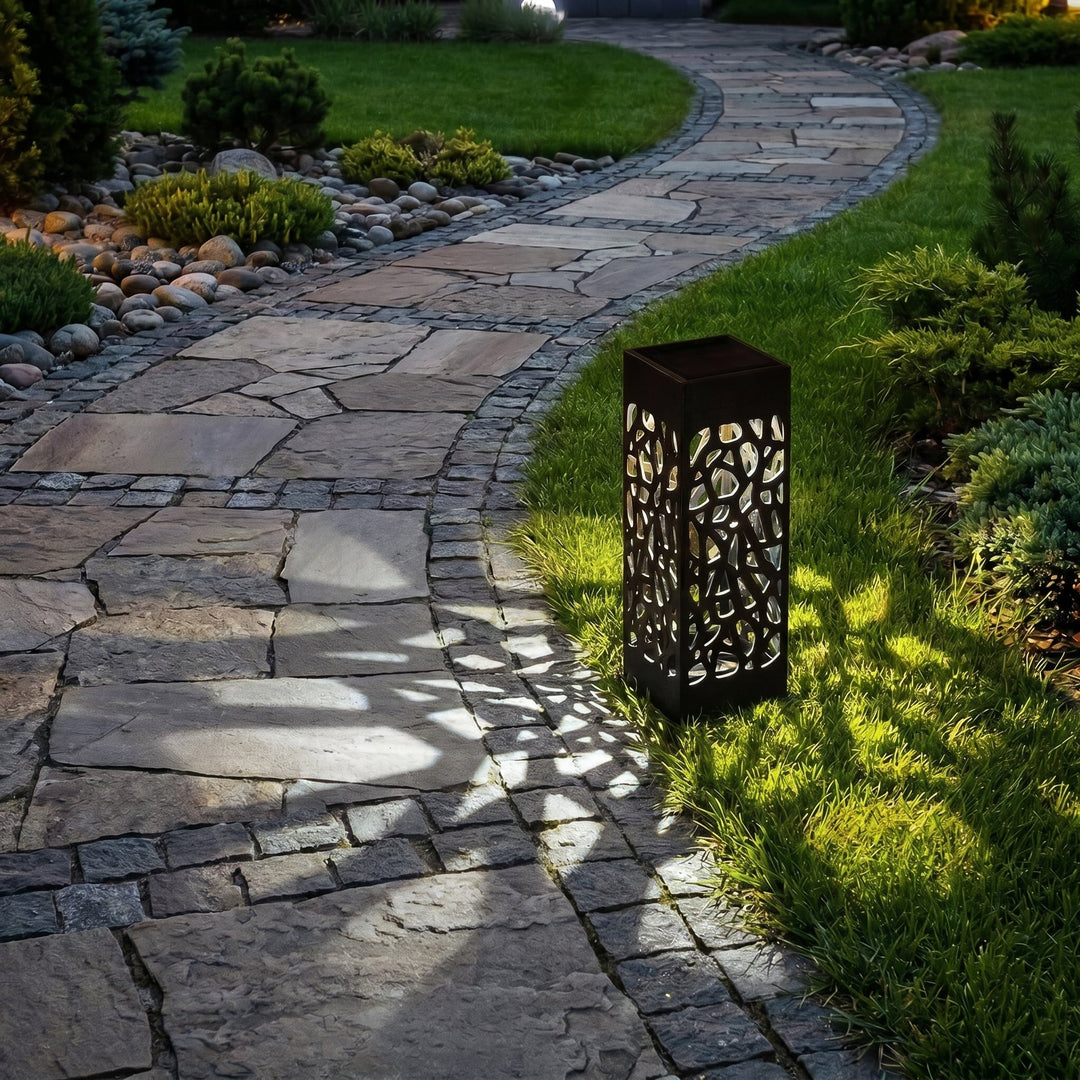 Decorative Solar Garden Lantern with Mosaic Hollow Pattern - Solar Garden Light - White - Oaksoho