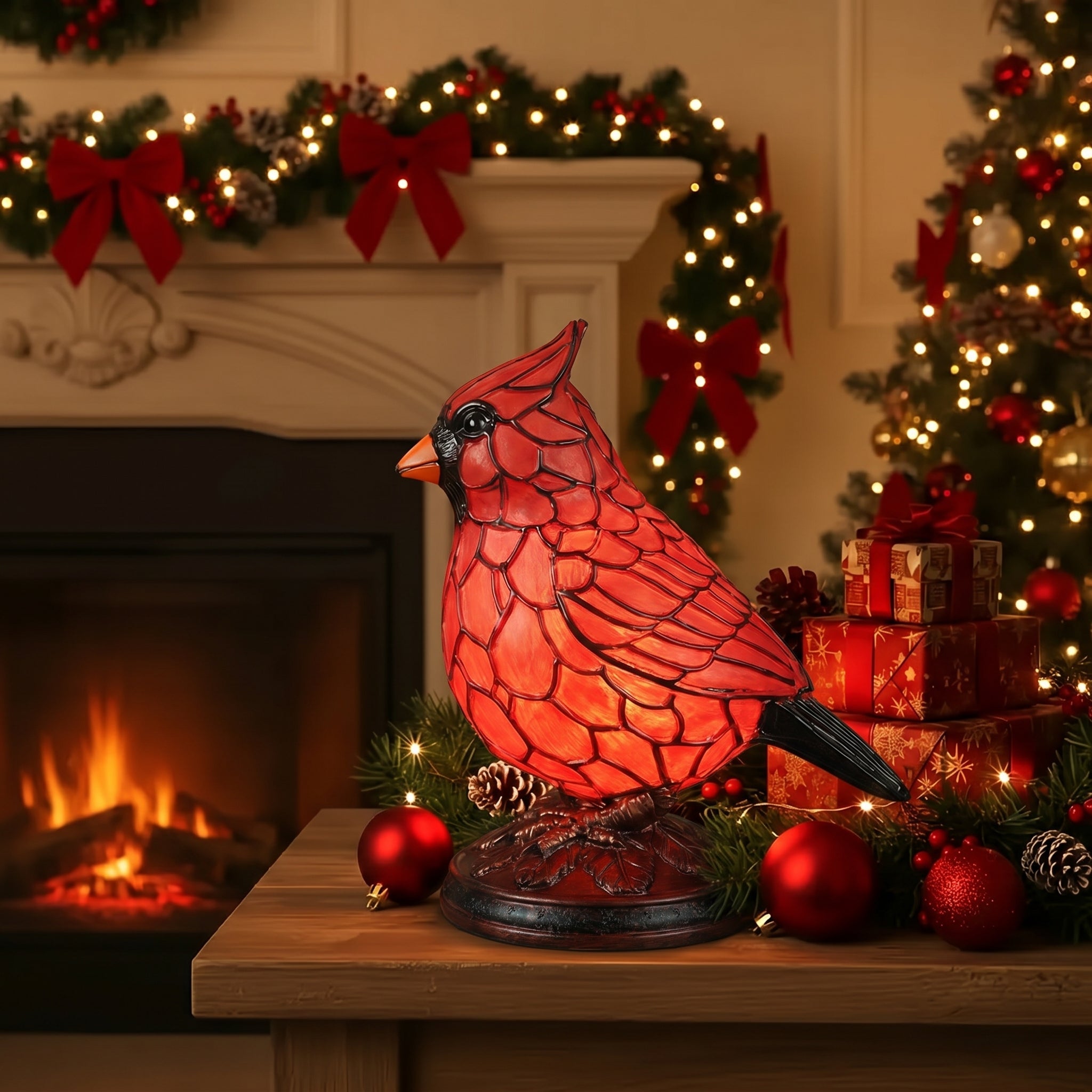 Decorative Tiffany - Style Table Lamp with Red Cardinal Bird - Table Lamps - 10x8x14 cm - Oaksoho