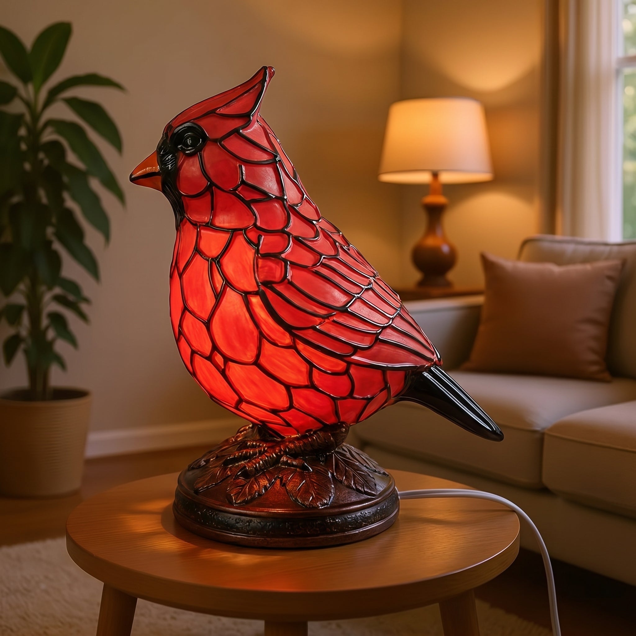 Decorative Tiffany - Style Table Lamp with Red Cardinal Bird - Table Lamps - 12x9x17 cm - Oaksoho