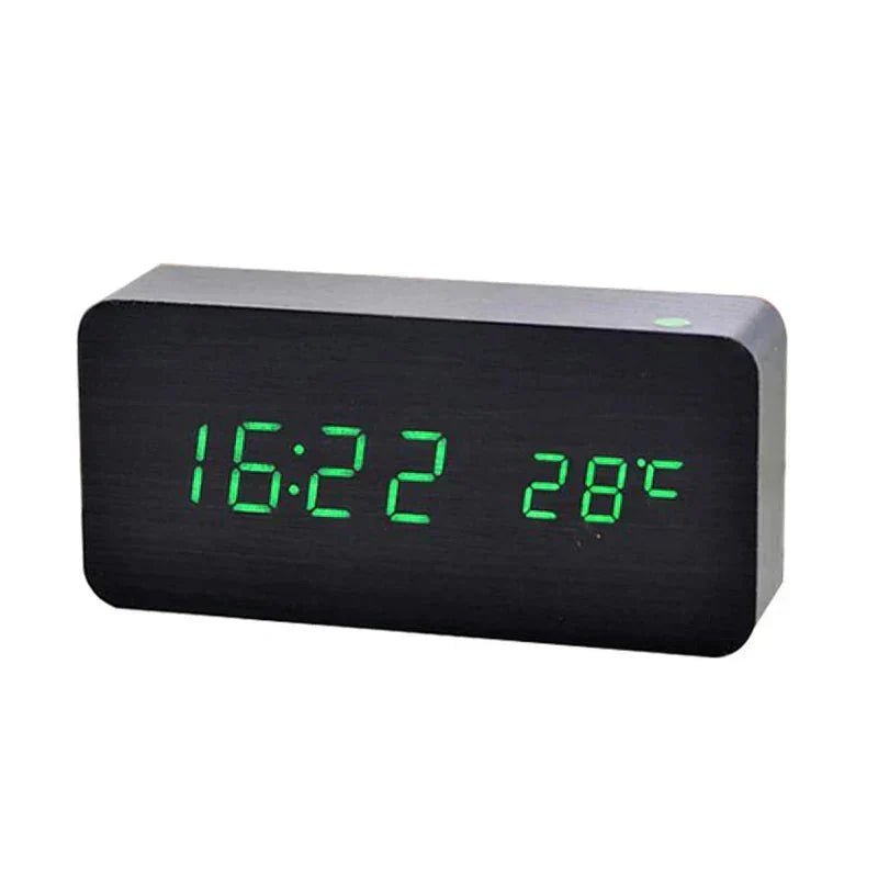 Digital Alarm Clock with Temperature Display - Digital Clock - Black/Green LED - Oaksoho