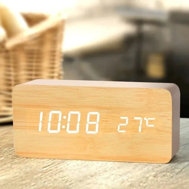 Digital Alarm Clock with Temperature Display - Digital Clock - Light Brown - Oaksoho