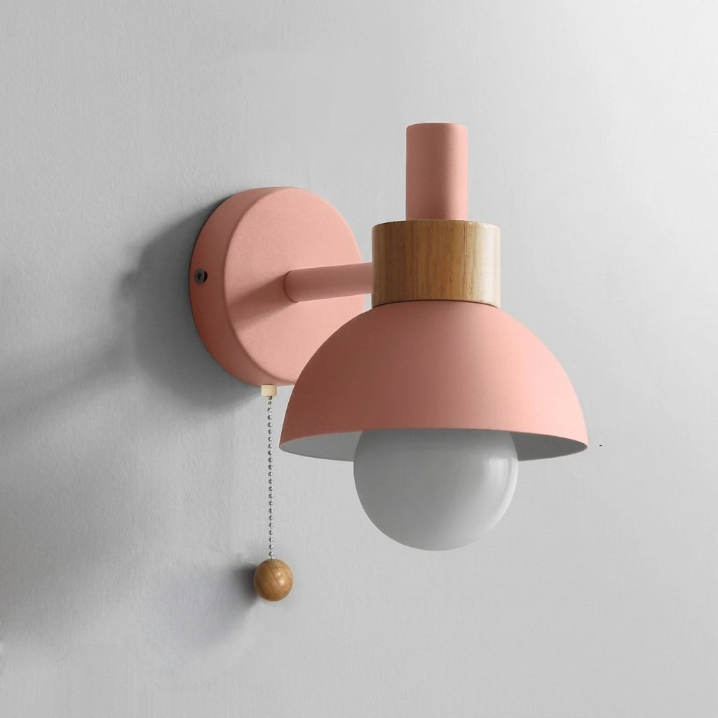 Dome-Shaped Wall Lamp with Wooden Pull Chain Accent - Wall Light Fixtures - Yellow - Oaksoho