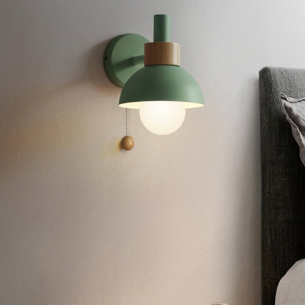 Dome-Shaped Wall Lamp with Wooden Pull Chain Accent - Wall Light Fixtures - Green - Oaksoho