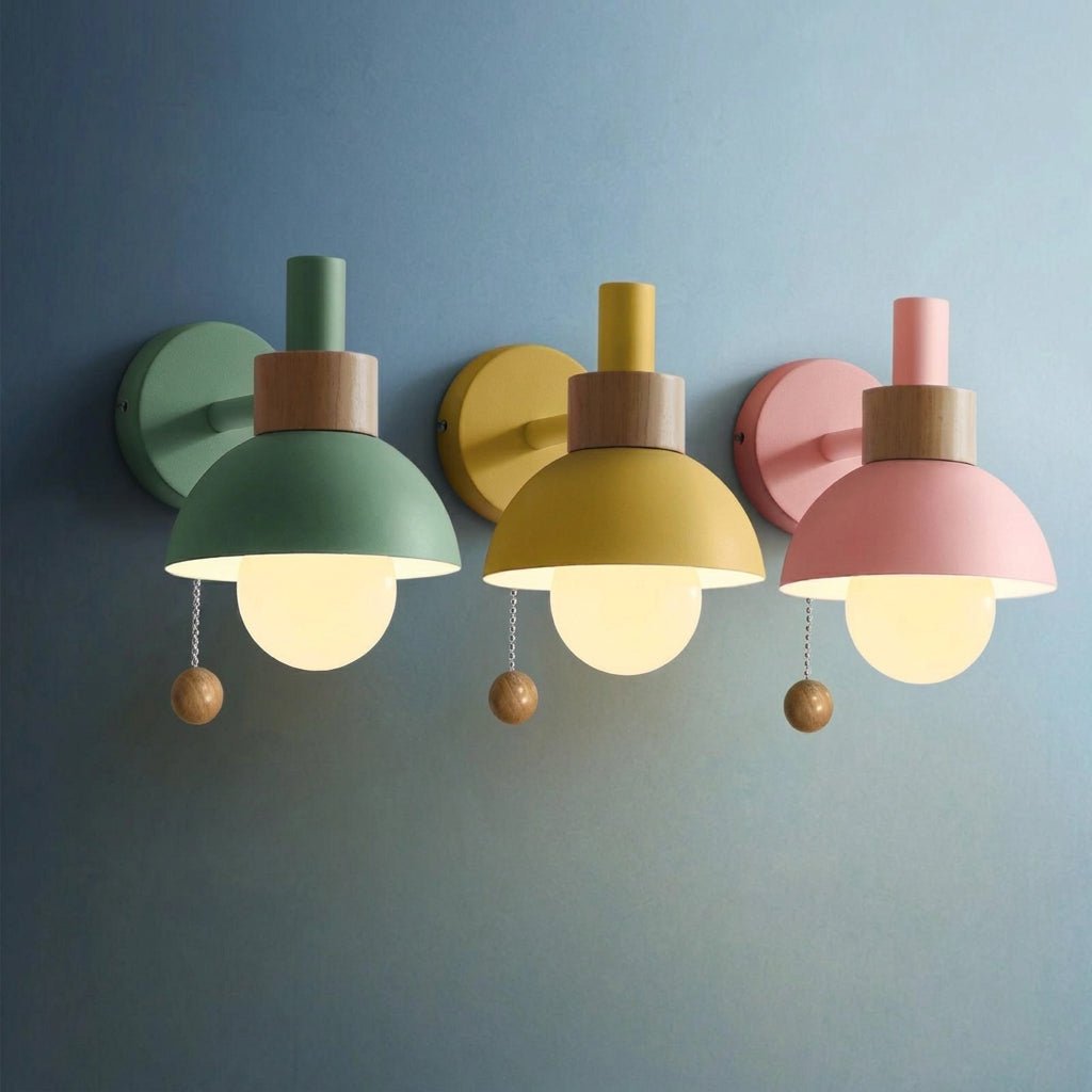 Dome-Shaped Wall Lamp with Wooden Pull Chain Accent - Wall Light Fixtures - Green - Oaksoho