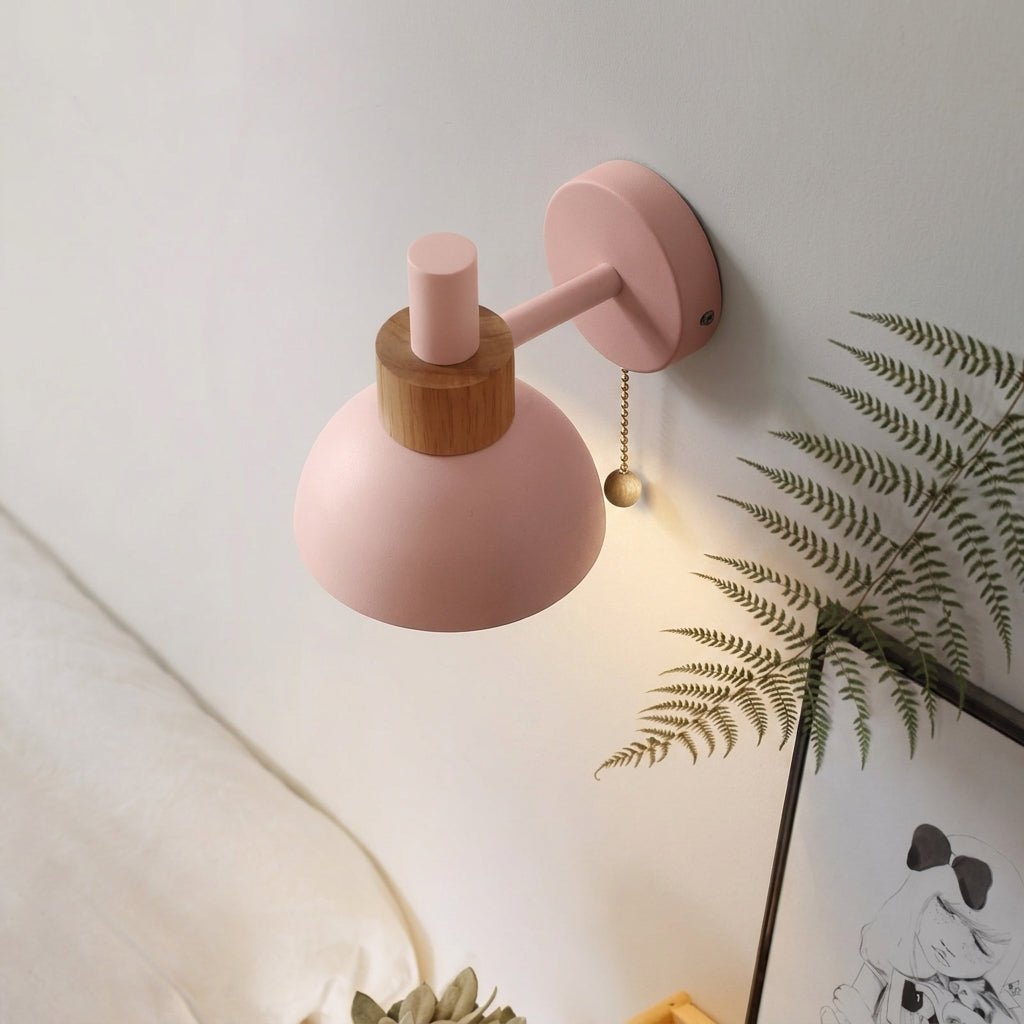 Dome-Shaped Wall Lamp with Wooden Pull Chain Accent - Wall Light Fixtures - Pink - Oaksoho