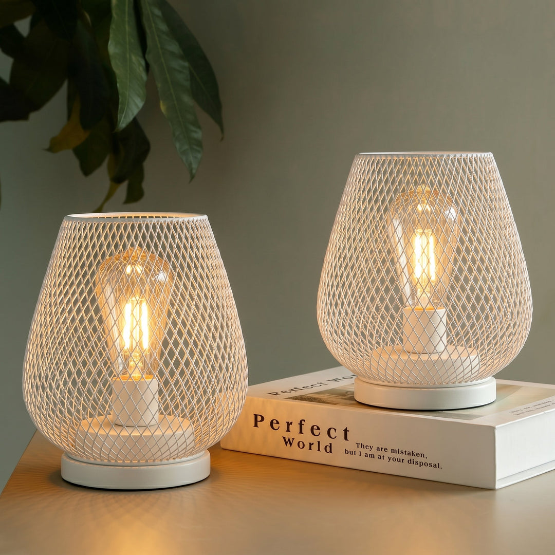 Drop - shaped Wireless Lampshade with Metal Grid Design - Table Lamps - White - Oaksoho