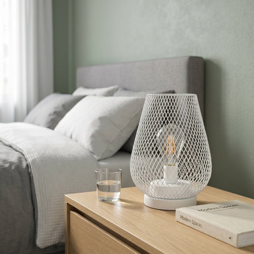 Drop - shaped Wireless Lampshade with Metal Grid Design - Table Lamps - White - Oaksoho