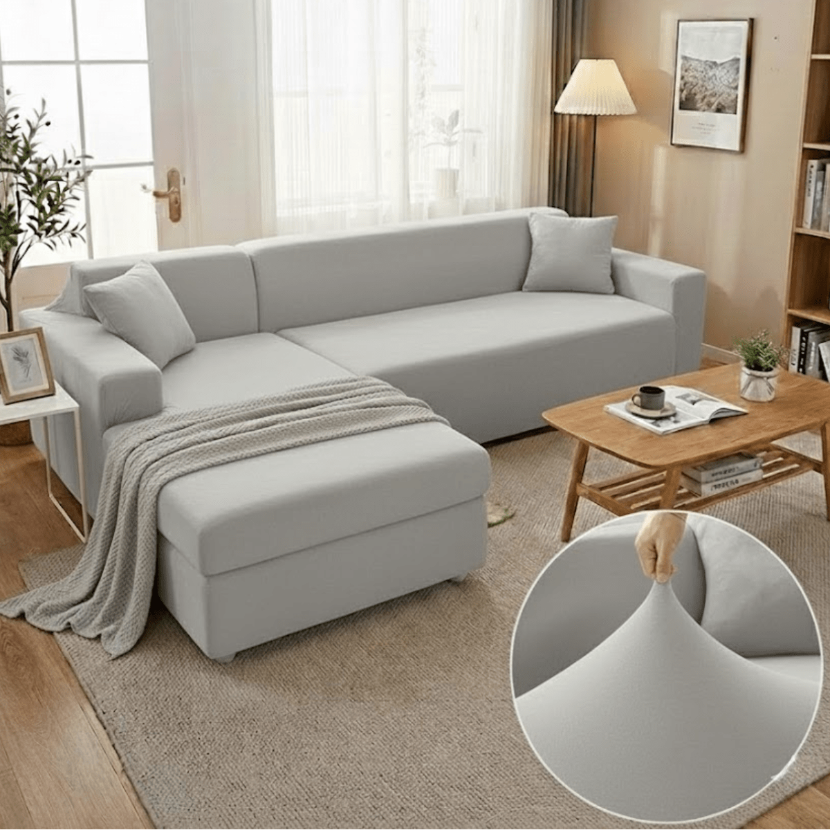 Elastic Sofa Cover for L - Shape Sofas - Living Room - Light Grey - Oaksoho