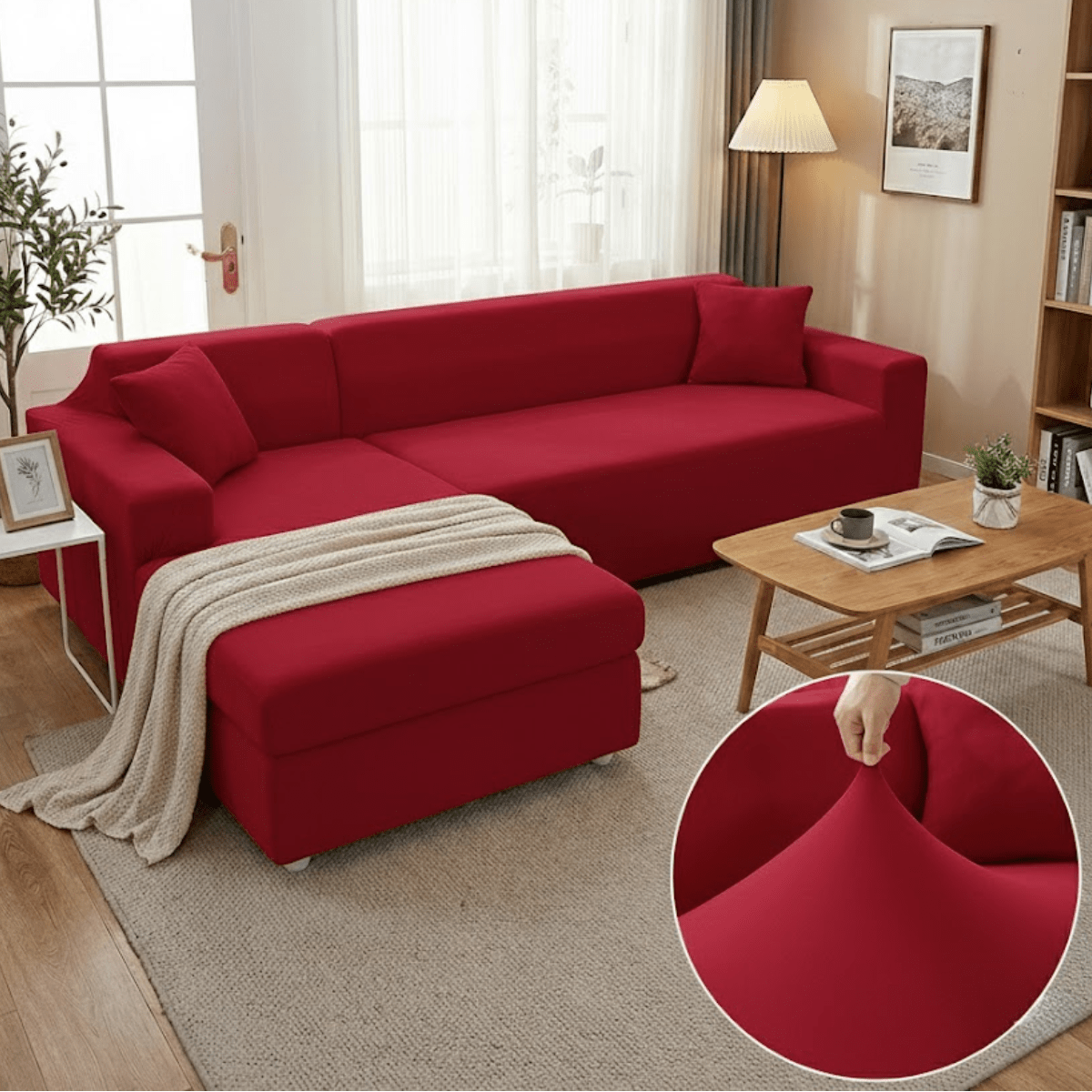 Elastic Sofa Cover for L - Shape Sofas - Living Room - Red - Oaksoho