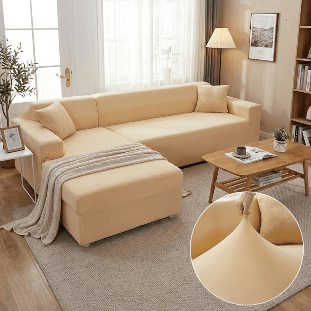 Elastic Sofa Cover for L - Shape Sofas - Living Room - Beige - Oaksoho