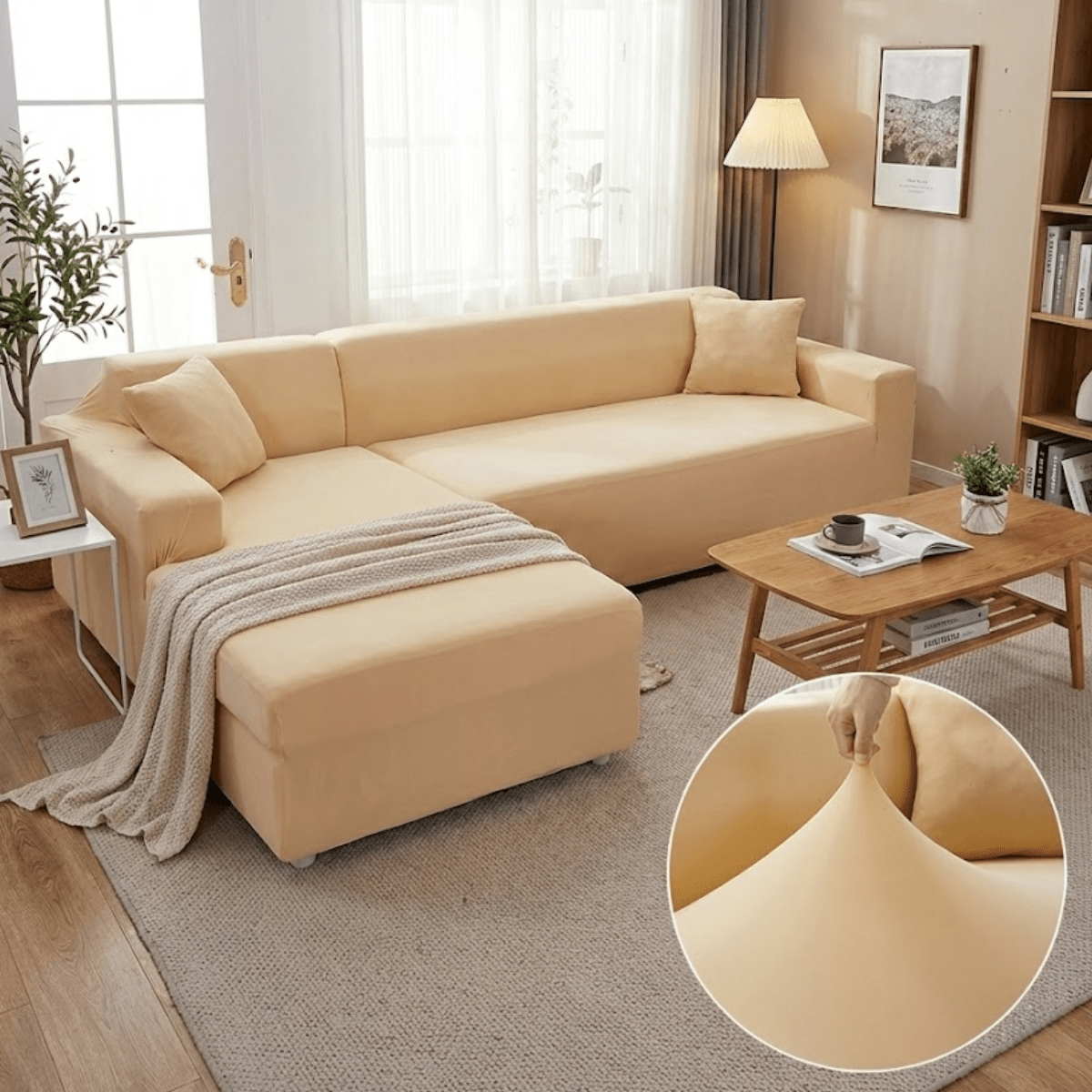 Elastic Sofa Cover for L - Shape Sofas - Living Room - Beige - Oaksoho