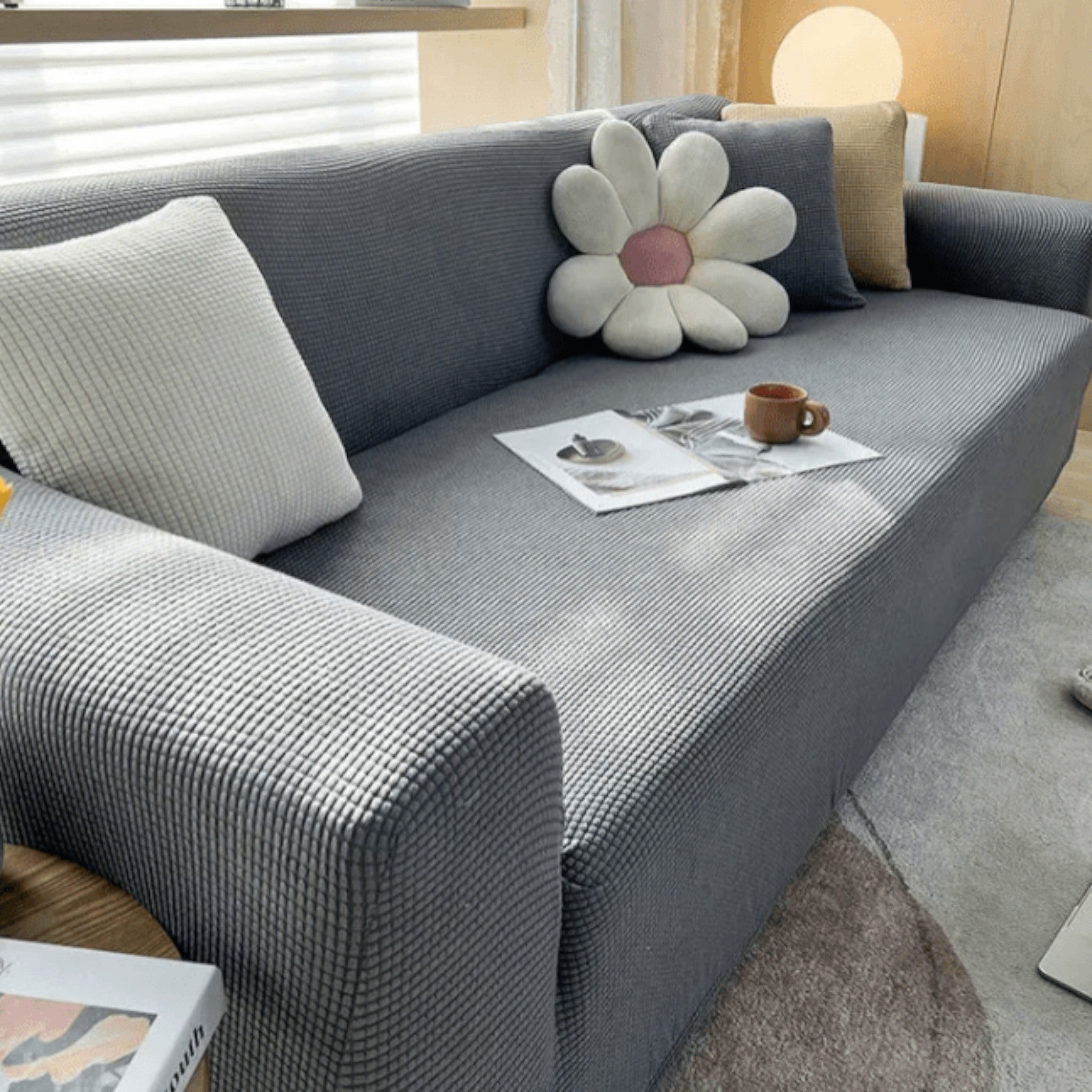 Elastic Sofa Cover with Textured Surface for Upholstered Furniture - Sofa Cover - Light Gray - Oaksoho
