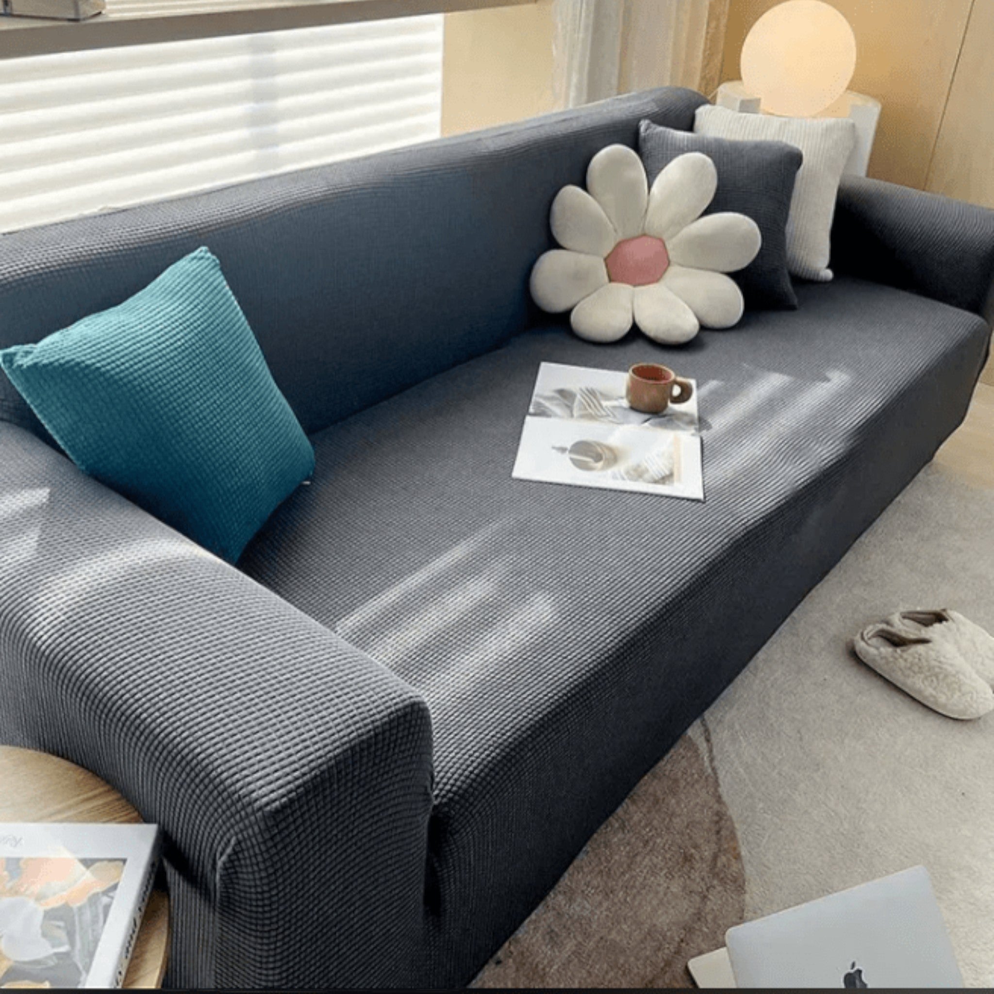 Elastic Sofa Cover with Textured Surface for Upholstered Furniture - Sofa Cover - Dark Grey - Oaksoho