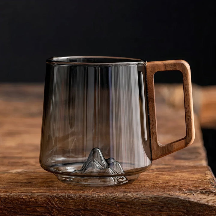 Elegant slanted coffee cups made of smoky glass with walnut wood handle - Mug - Smoked glass / Wooden handle - Oaksoho