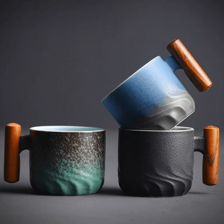 Espresso Cup with Vintage Design and Wooden Handle - Vintage Cup Design - Complete set - Oaksoho