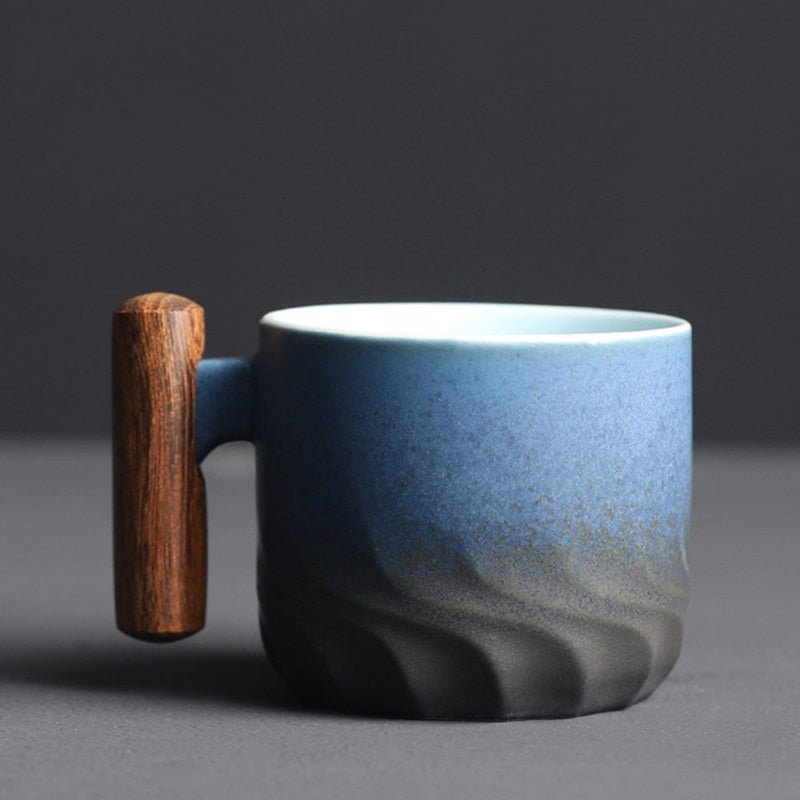 Espresso Cup with Vintage Design and Wooden Handle - Vintage Cup Design - Blue - Oaksoho