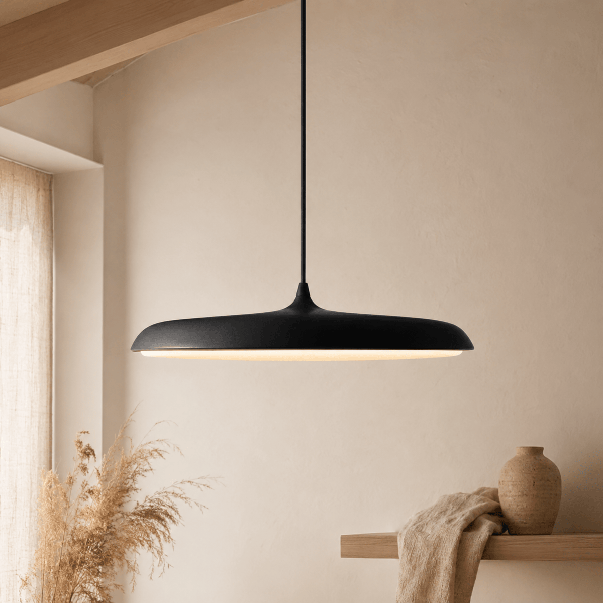 Flat Disc LED Pendant Light with Wide Metal Shade - Pendant Light Fixtures - Black - Oak Soho