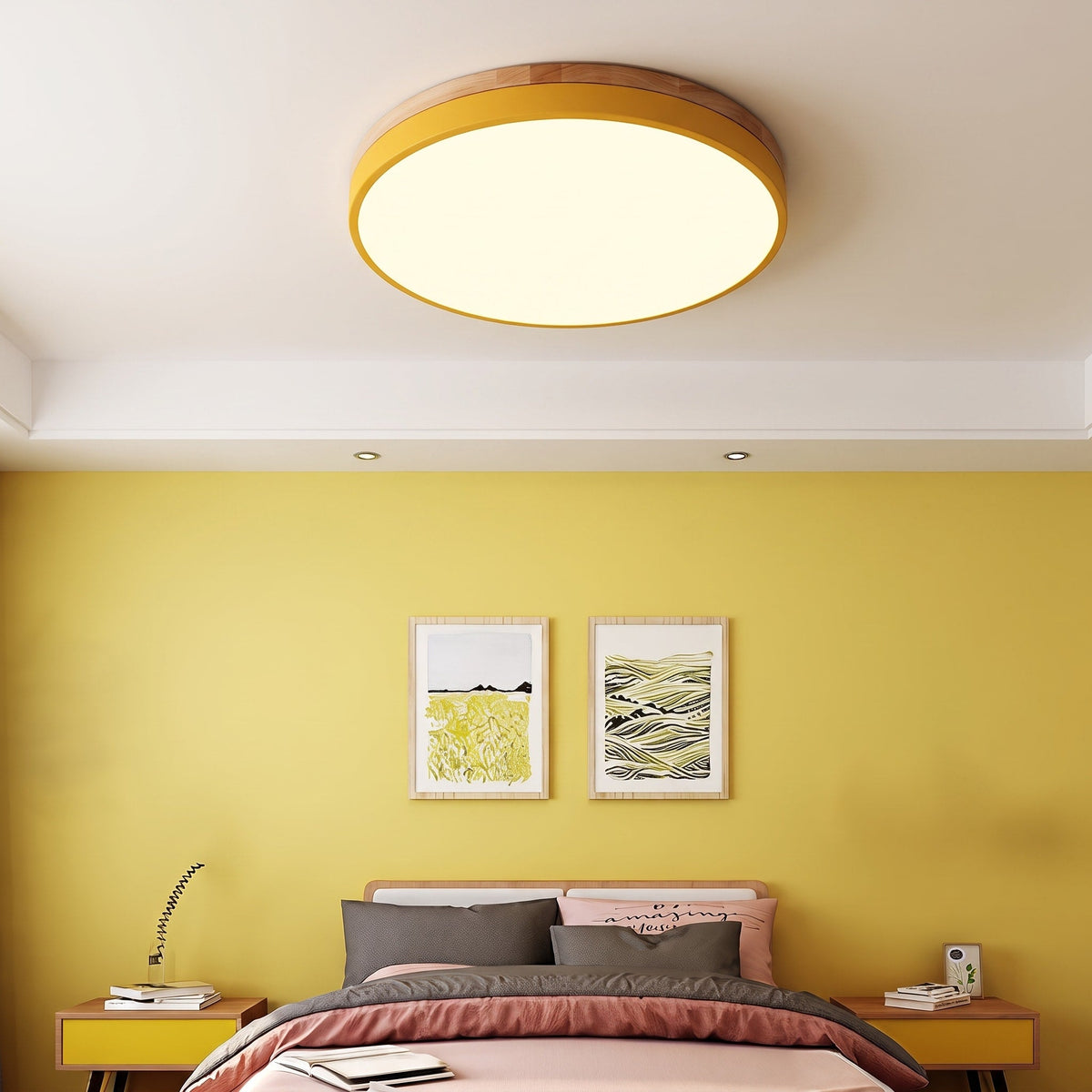 Flush Mount Nordic Round Wood Trim LED Ceiling Light - Ceiling Light Fixtures - White - Oaksoho