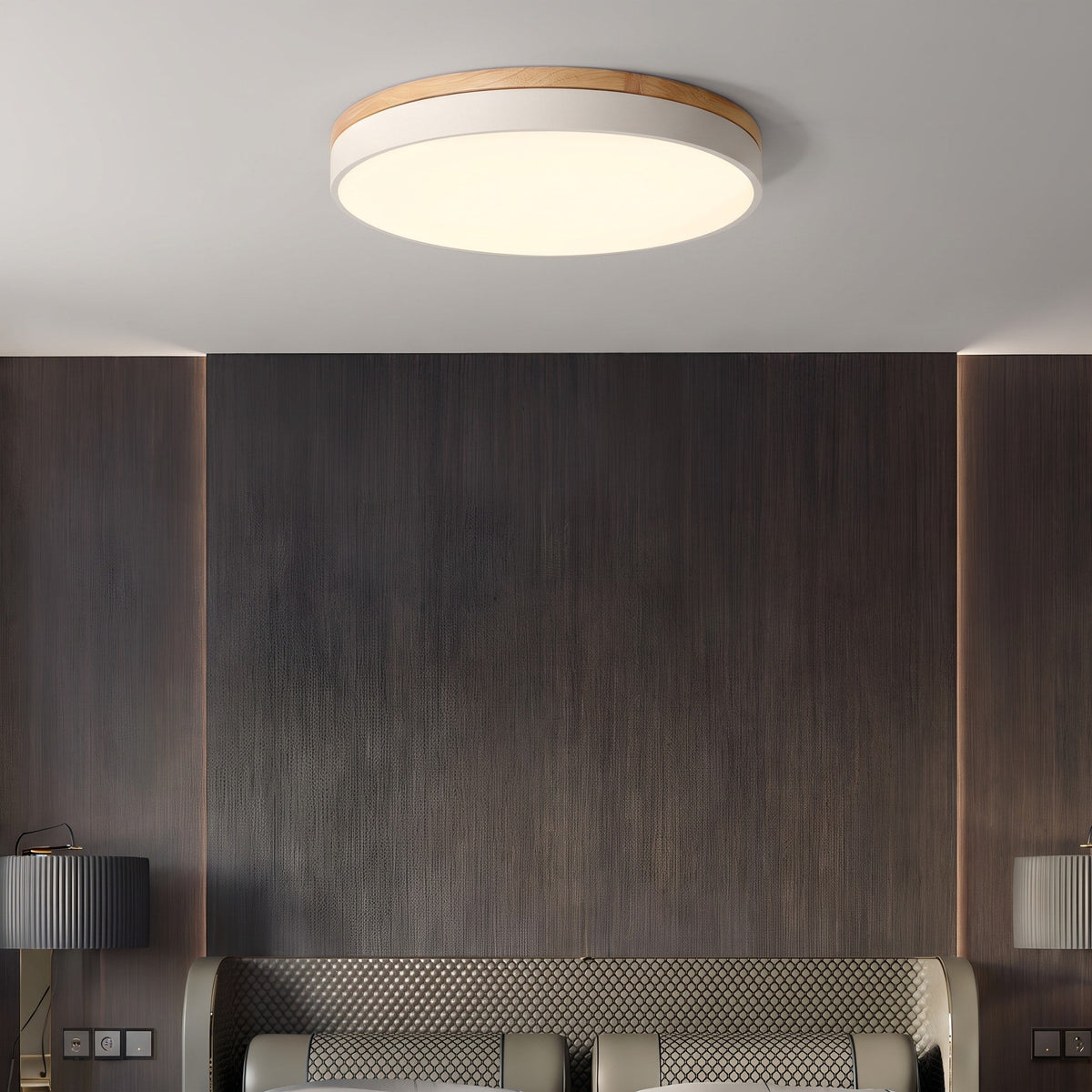 Flush Mount Nordic Round Wood Trim LED Ceiling Light - Ceiling Light Fixtures - White - Oaksoho