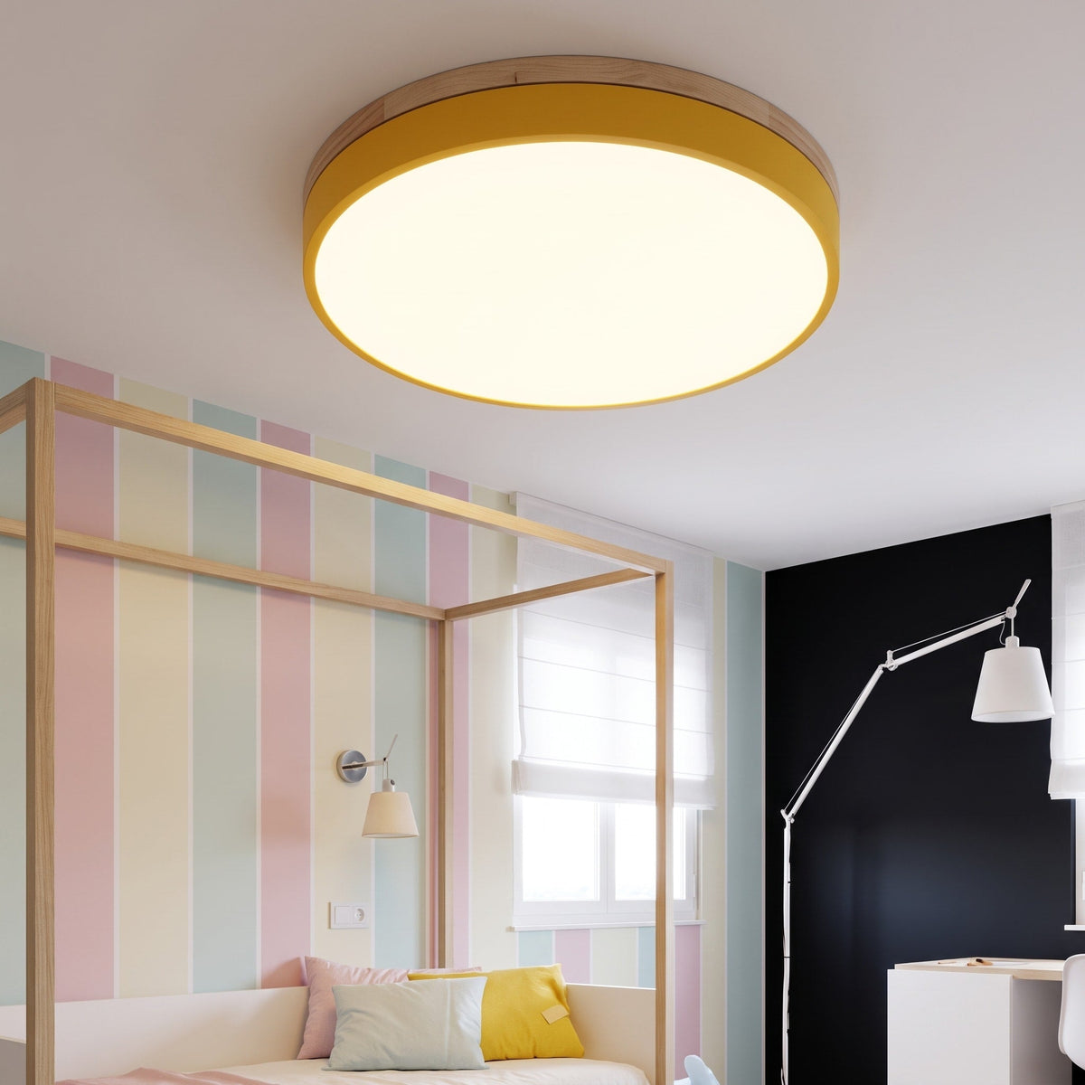 Flush Mount Nordic Round Wood Trim LED Ceiling Light - Ceiling Light Fixtures - White - Oaksoho