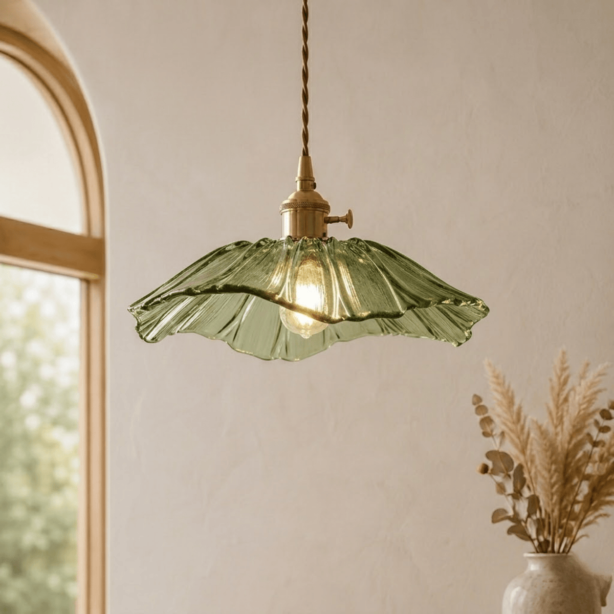 Fluted Glass Pendant Light with Scalloped Flower Shade - Pendant Light Fixtures - Green - Oak Soho