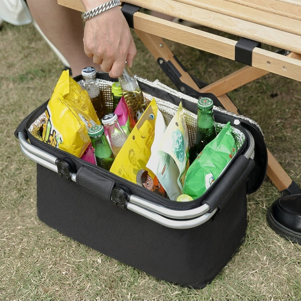 Foldable Cooler Basket with Lid and Carry Handles for Picnics - Foldable Cooler Basket - Black - Oaksoho