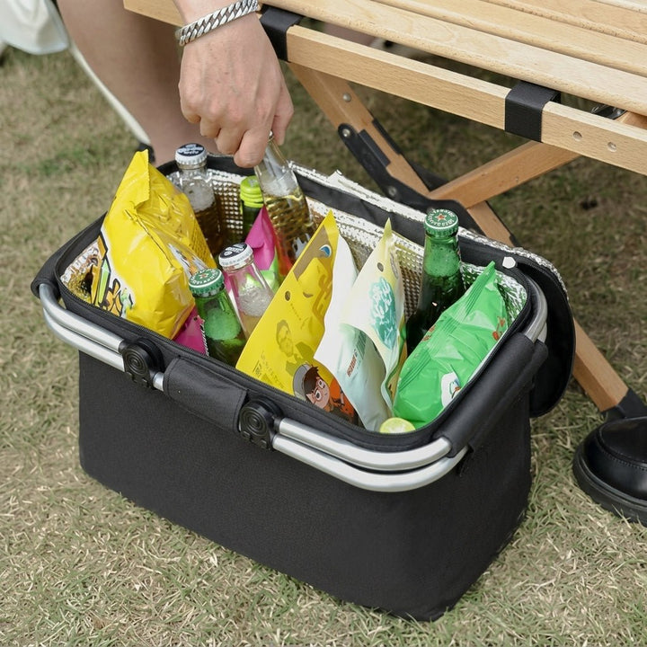 Foldable Cooler Basket with Lid and Carry Handles for Picnics - Foldable Cooler Basket - Black - Oaksoho
