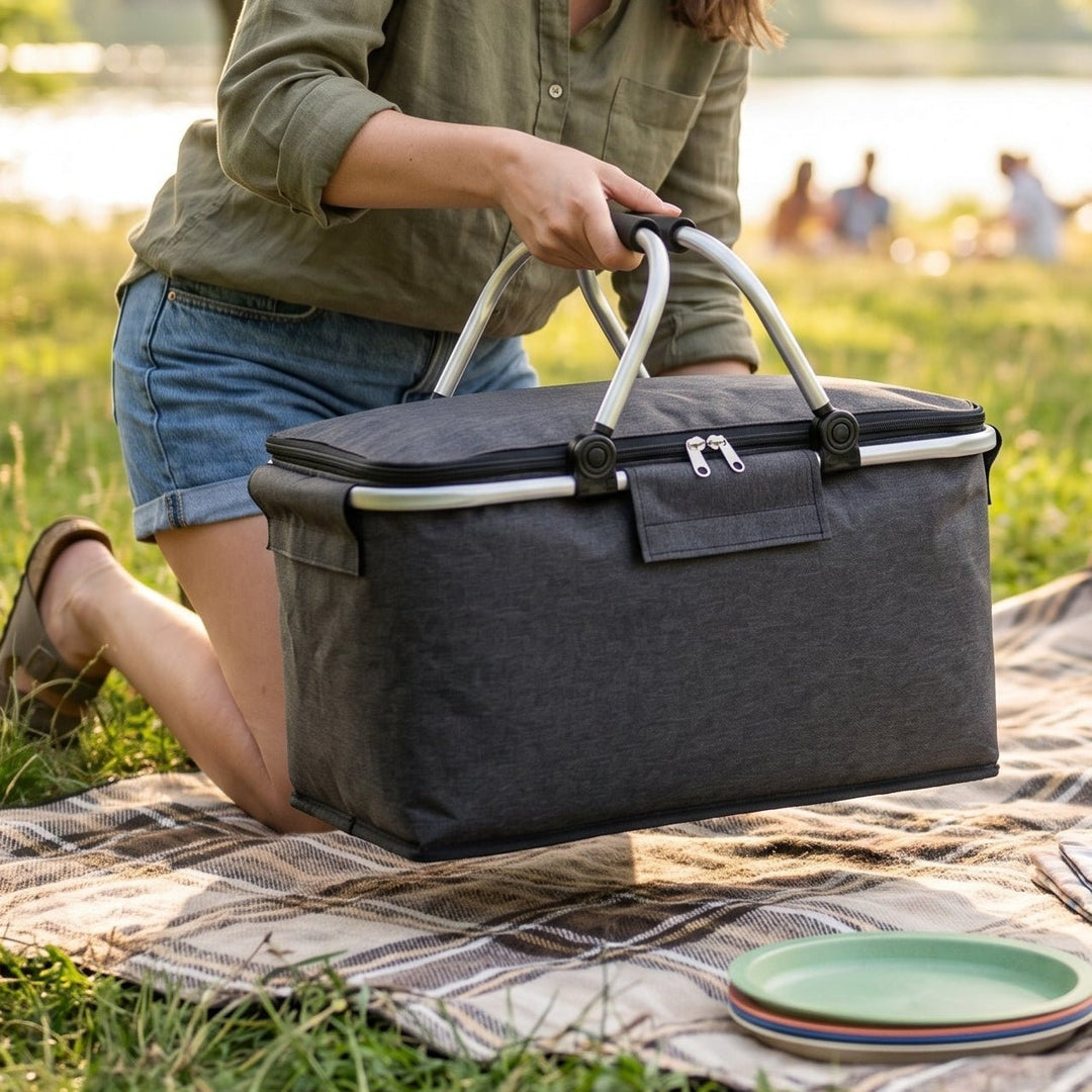 Foldable Cooler Basket with Lid and Carry Handles for Picnics - Foldable Cooler Basket - Black - Oaksoho