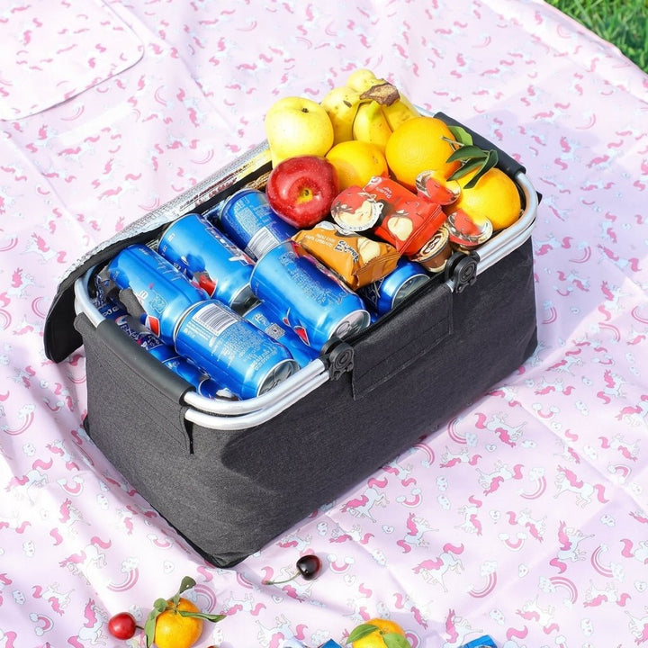 Foldable Cooler Basket with Lid and Carry Handles for Picnics - Foldable Cooler Basket - Black - Oaksoho