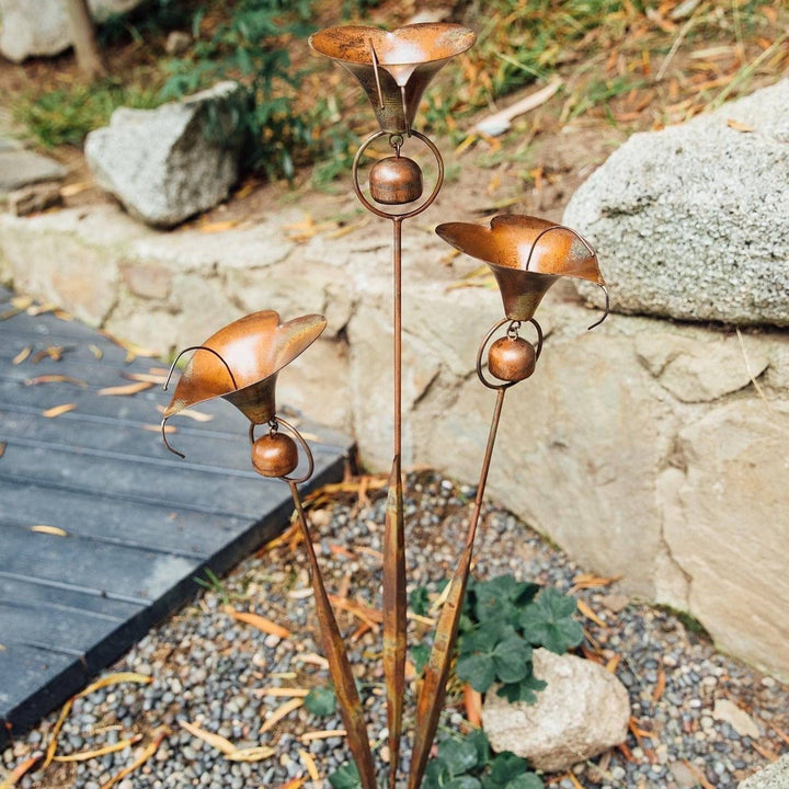 Garden Stake Calla Lily Triple with Bells Copper Finish - Garden Stake - Oaksoho