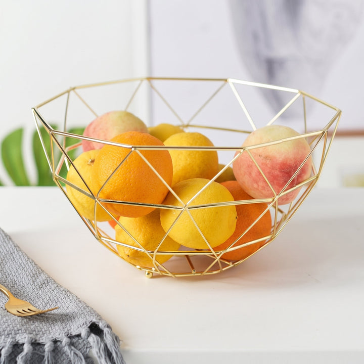 Geometric Stainless Steel Fruit Bowl in Modern Grid Design - Obstkorb - Gold - Oaksoho