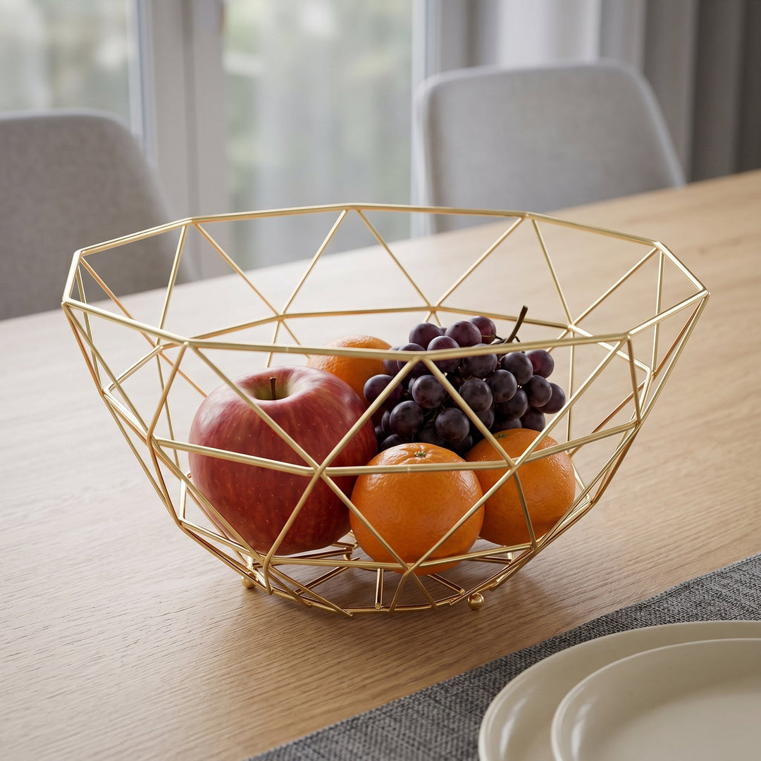 Geometric Stainless Steel Fruit Bowl in Modern Grid Design - Obstkorb - Gold - Oaksoho