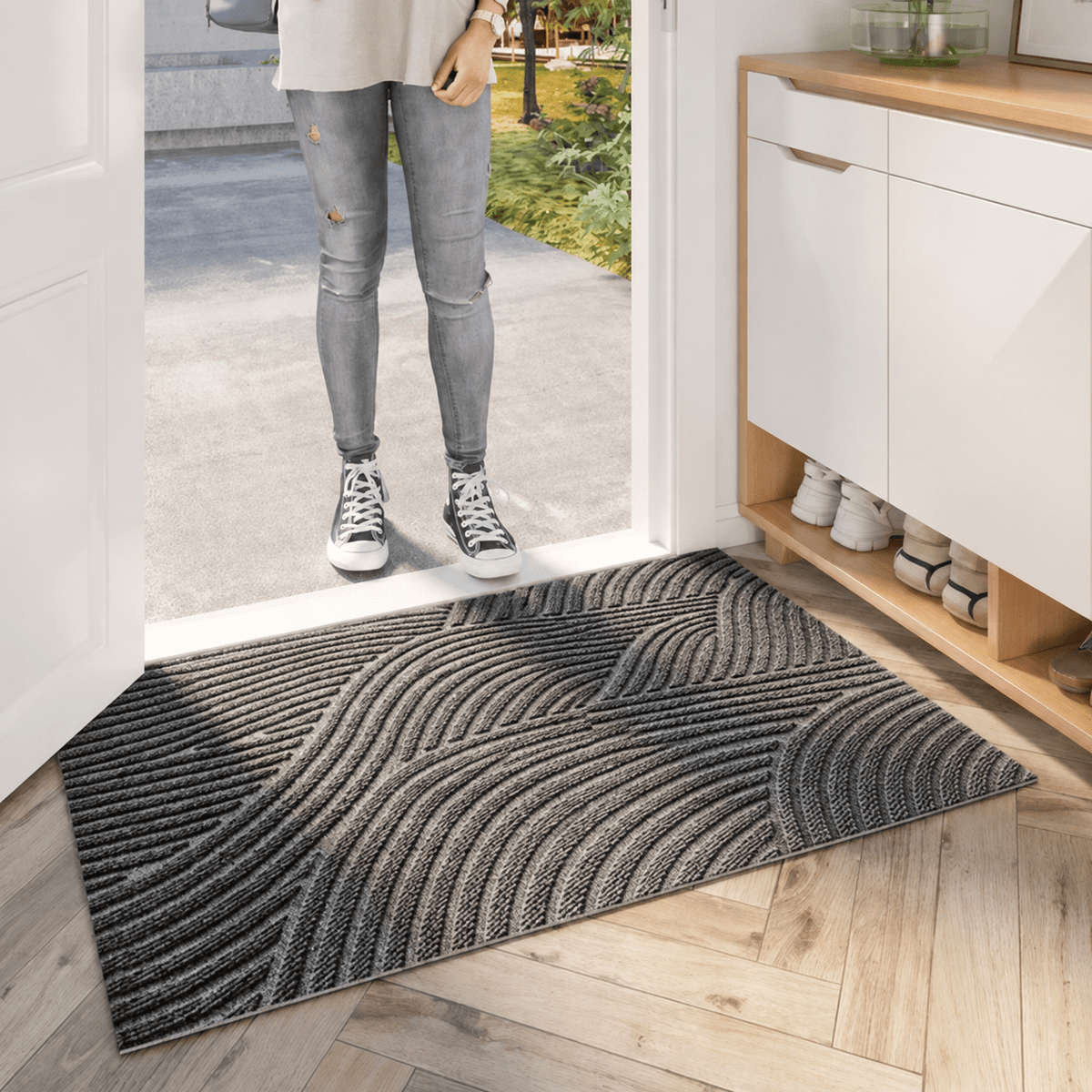 Geometric Striped Structured Entrance Mat - Door Mats - Green - Oaksoho