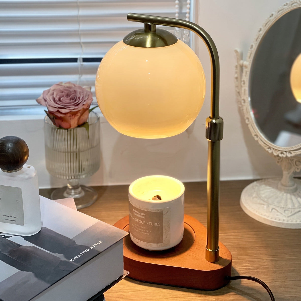 Glass Globe Candle Warmer Lamp with Wooden Base - Candle & Oil Warmers - White - Oaksoho