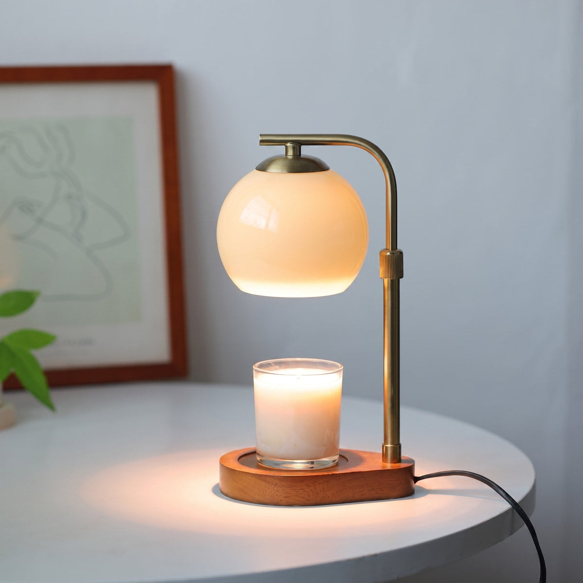 Glass Globe Candle Warmer Lamp with Wooden Base - Candle & Oil Warmers - Beige - Oaksoho