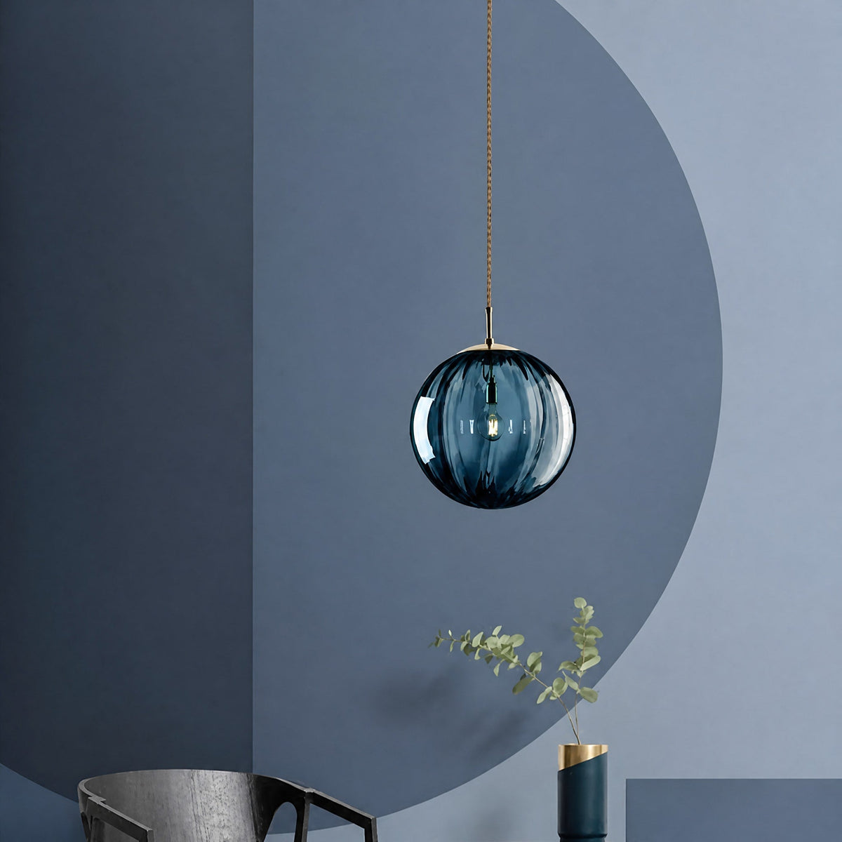 Glass Globe Pendant Light with Ribbed Textured Shade - Pendant Light Fixtures - Blue - Oaksoho