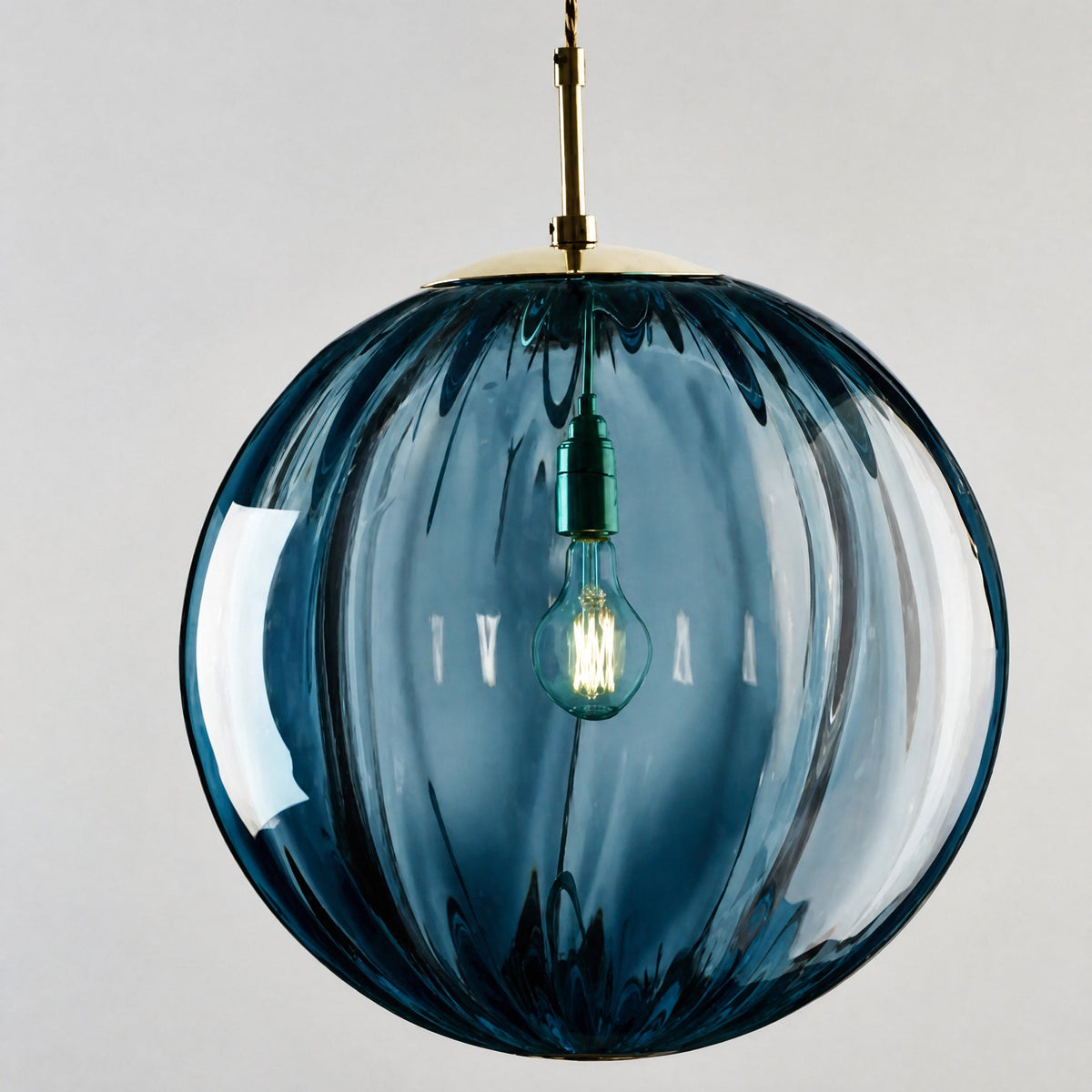 Glass Globe Pendant Light with Ribbed Textured Shade - Pendant Light Fixtures - Blue - Oaksoho