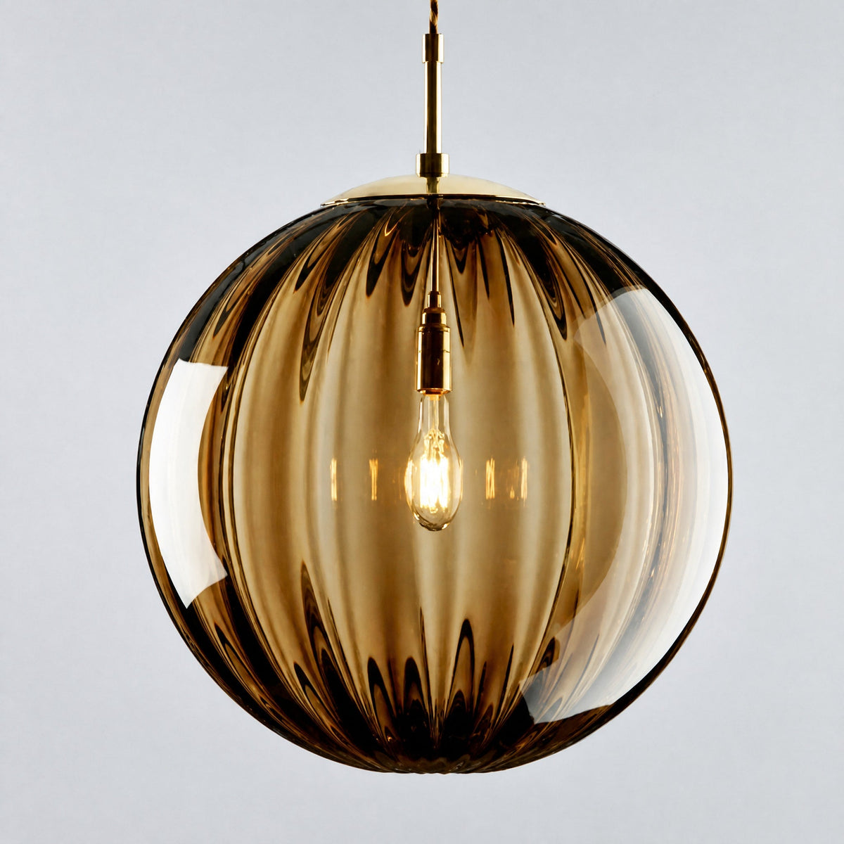 Glass Globe Pendant Light with Ribbed Textured Shade - Pendant Light Fixtures - Brown - Oaksoho