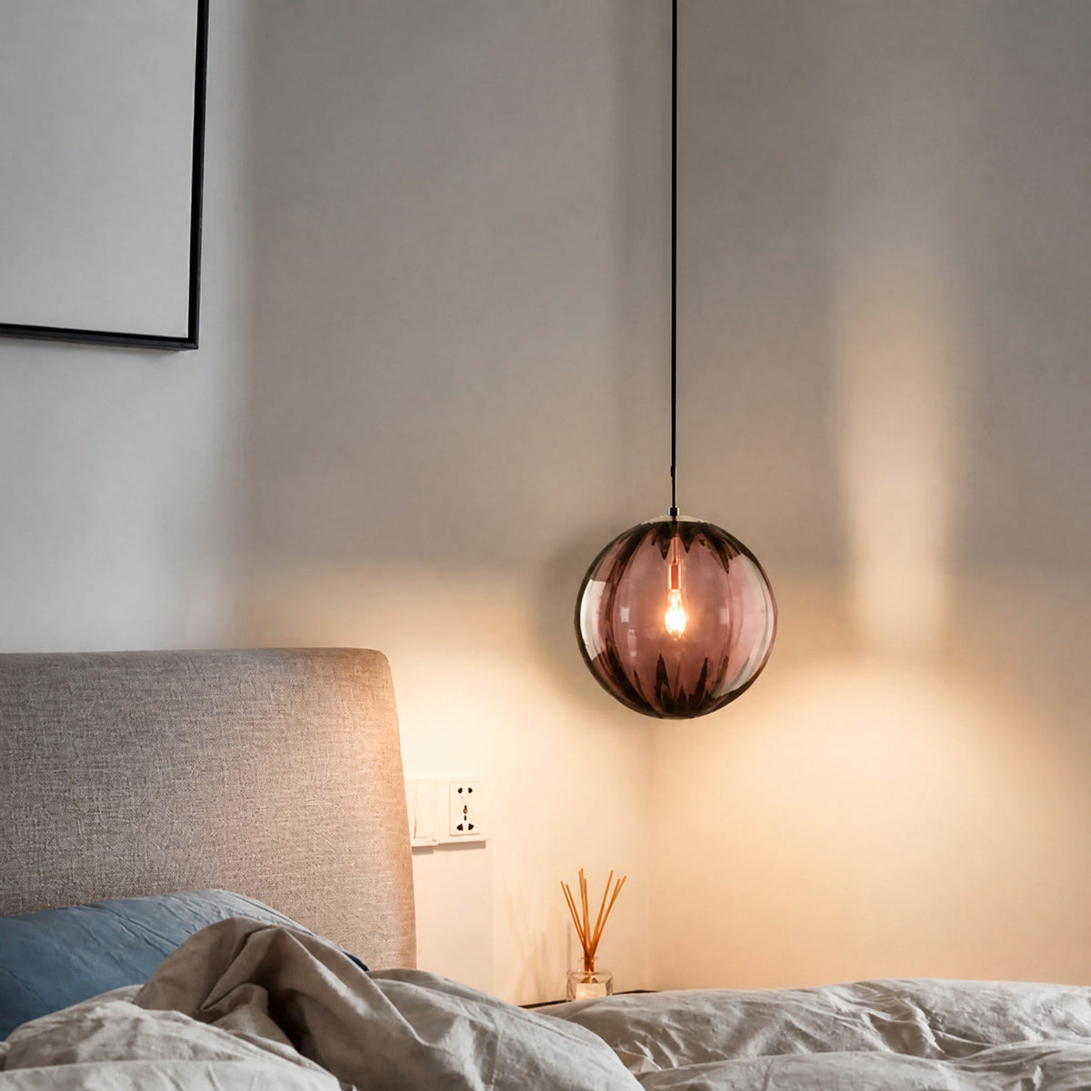 Glass Globe Pendant Light with Ribbed Textured Shade - Pendant Light Fixtures - Red - Oaksoho