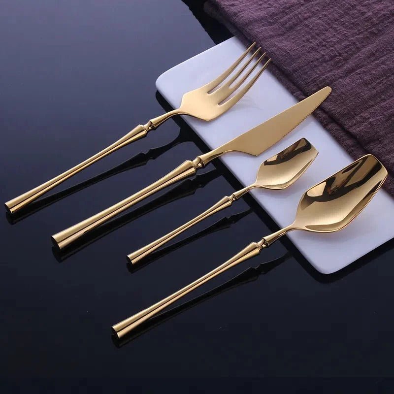 Gold Flatware Set with Square - Tipped Spoon - Cutlery Set - 4 - Piece - Oaksoho