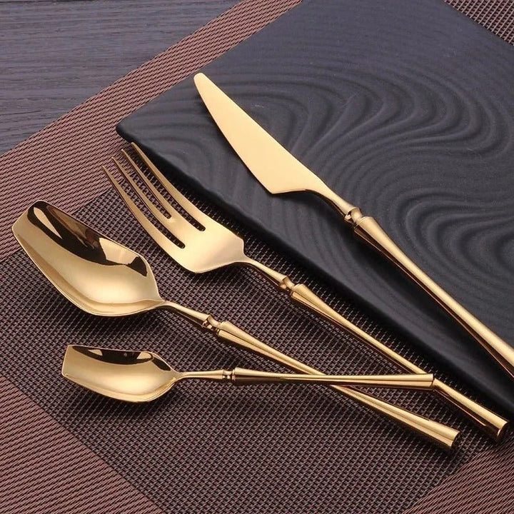 Gold Flatware Set with Square - Tipped Spoon - Cutlery Set - 4 - Piece - Oaksoho