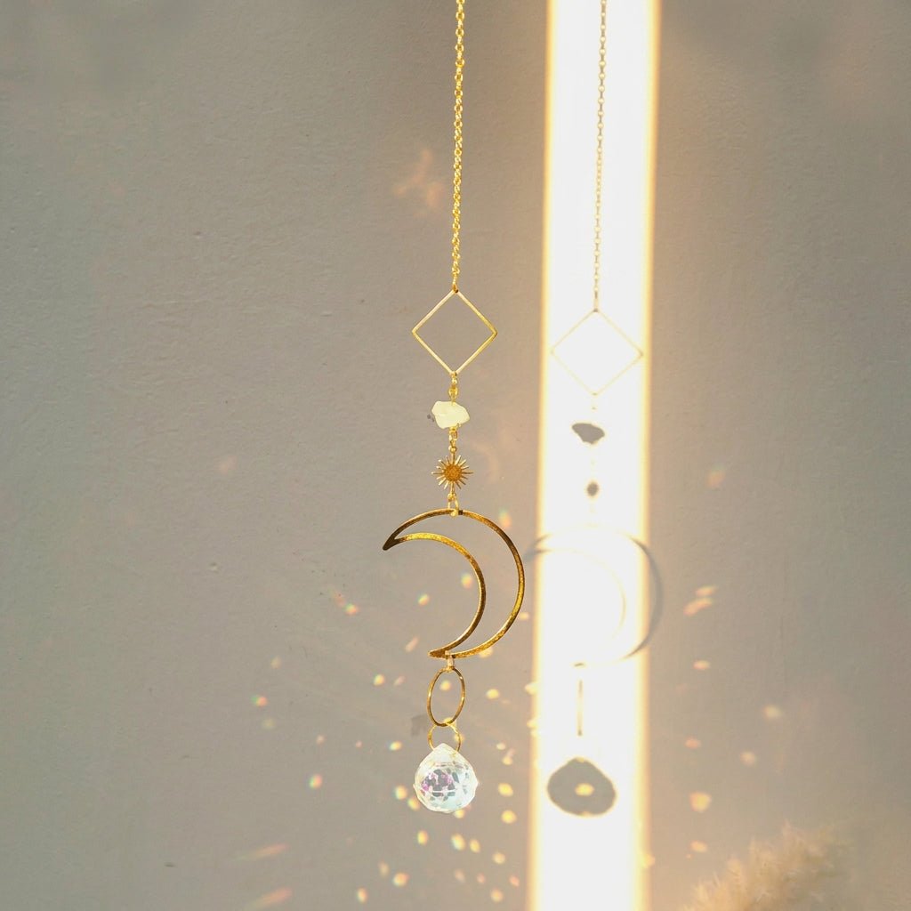 Hanging Crystal Suncatcher Moon and Stars Design - Hanging Suncatcher - Celestial - Oaksoho