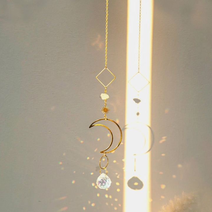Hanging Crystal Suncatcher Moon and Stars Design - Hanging Suncatcher - Celestial - Oaksoho