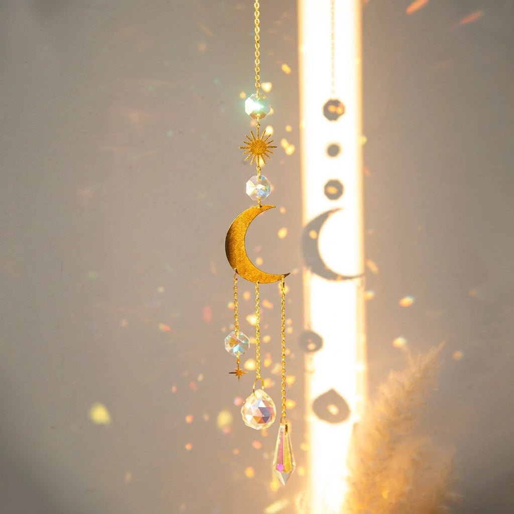 Hanging Crystal Suncatcher Moon and Stars Design - Hanging Suncatcher - Eclipse - Oaksoho