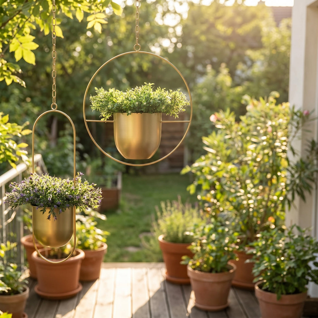 Hanging Plant Pot with Metal Frame - Plant Pot - Gold - Oaksoho
