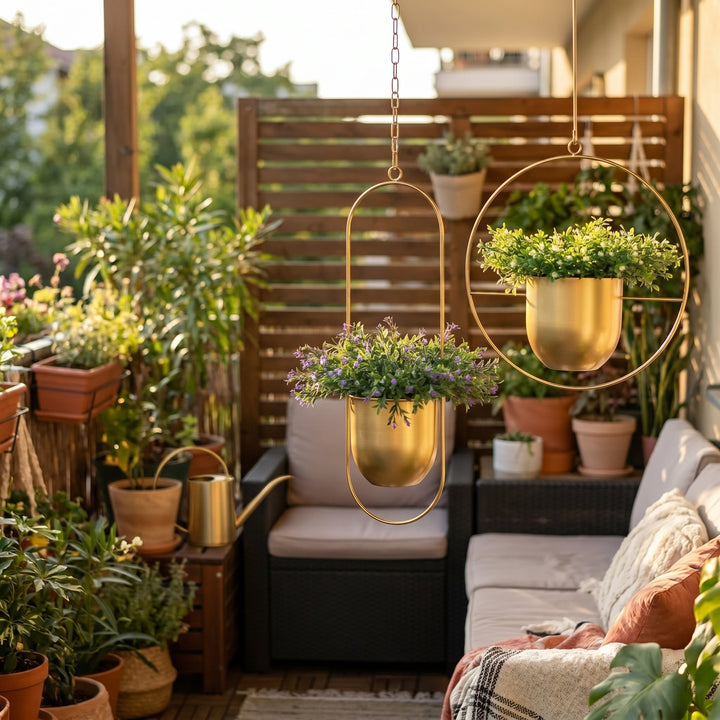 Hanging Plant Pot with Metal Frame - Plant Pot - Gold - Oaksoho
